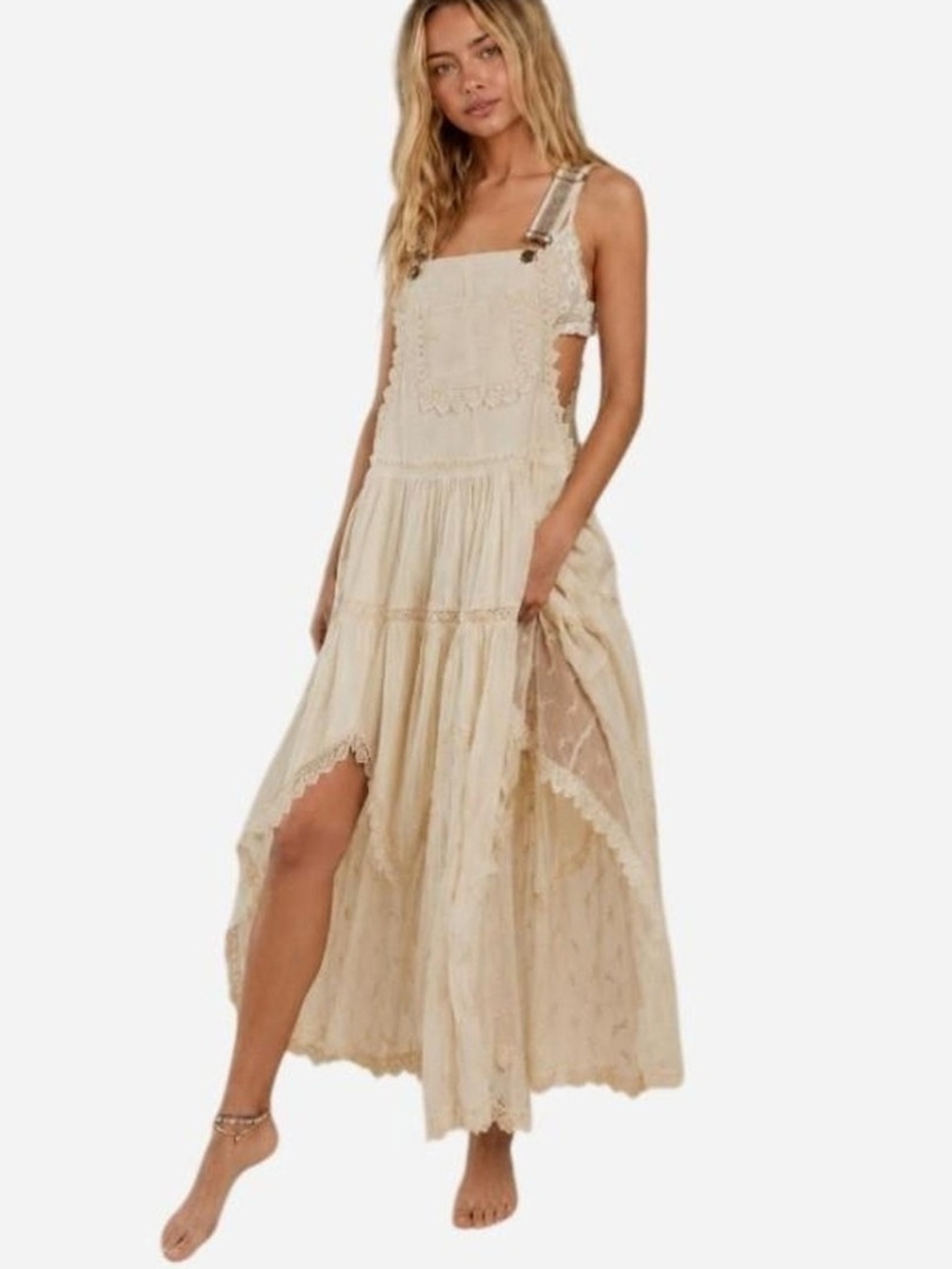 Boho Cream Lace Tiered Maxi Dress with Pinafore Straps